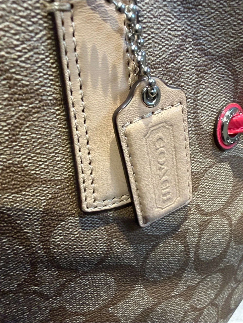 Sold Coach Brown Signature Tote with Pink Stripe